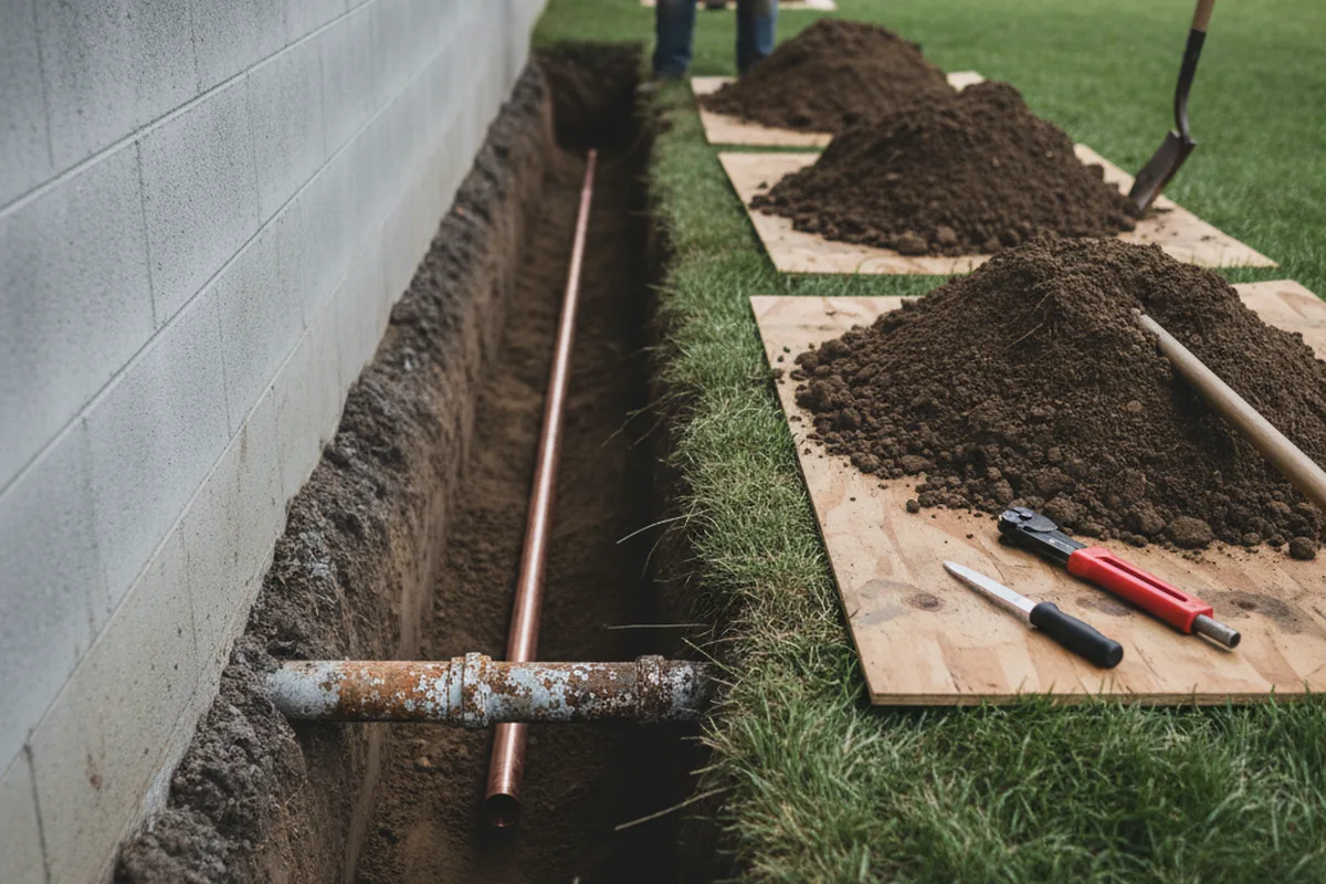 Excavated water line trench during Water Softener Installation in Little Neck